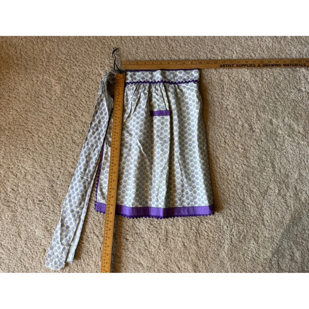 Vintage Purple Floral Half Apron Rick Rack Trim Pocket Handmade Retro Kitchen